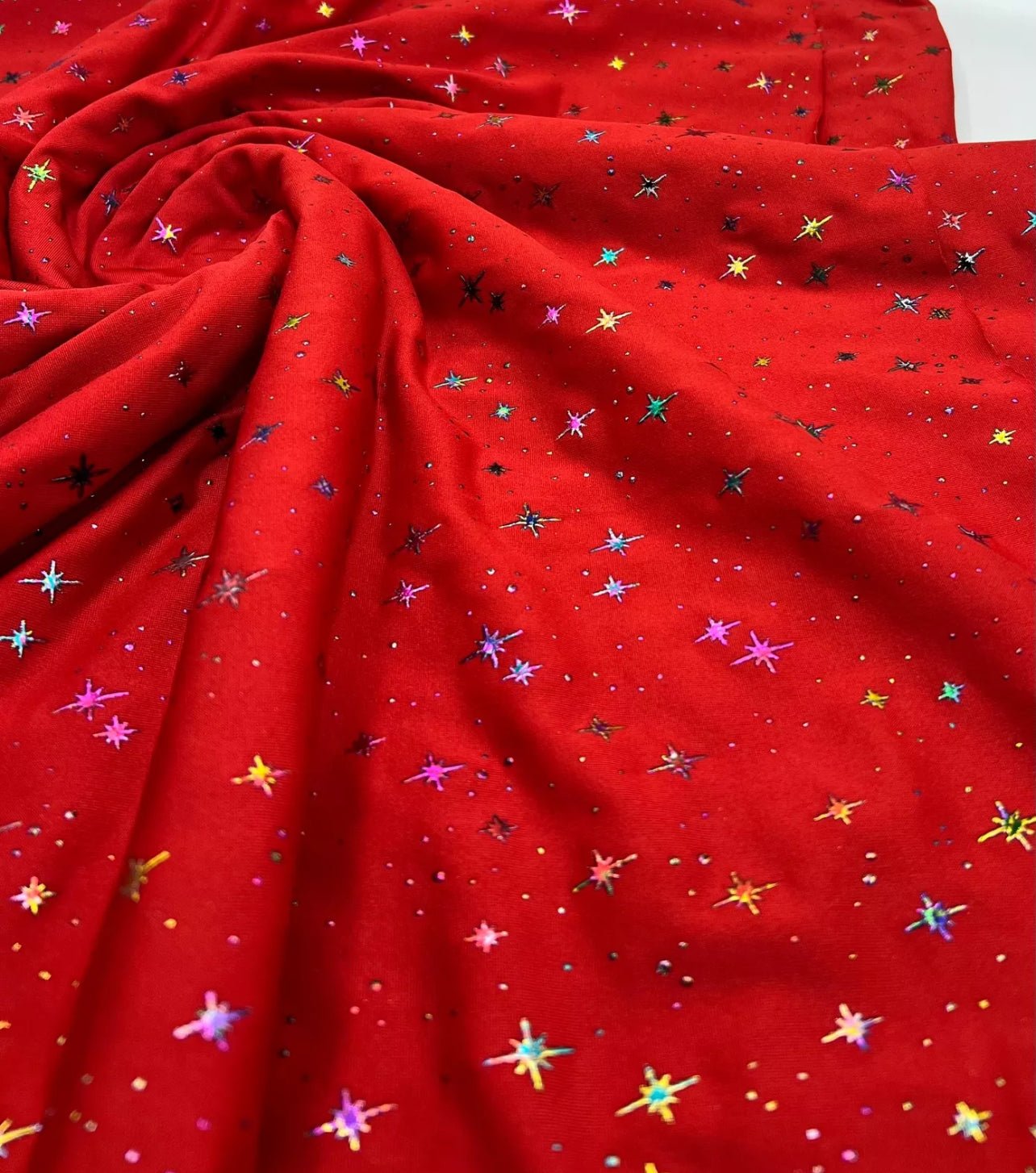 Red Multi Star Soft Spun Poly Stretch Fabric - T9 Fabrics